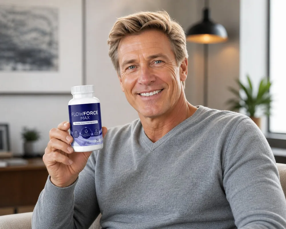 FlowForce Max prostate health supplement bottle held by a smiling middle-aged man, illustrative photo