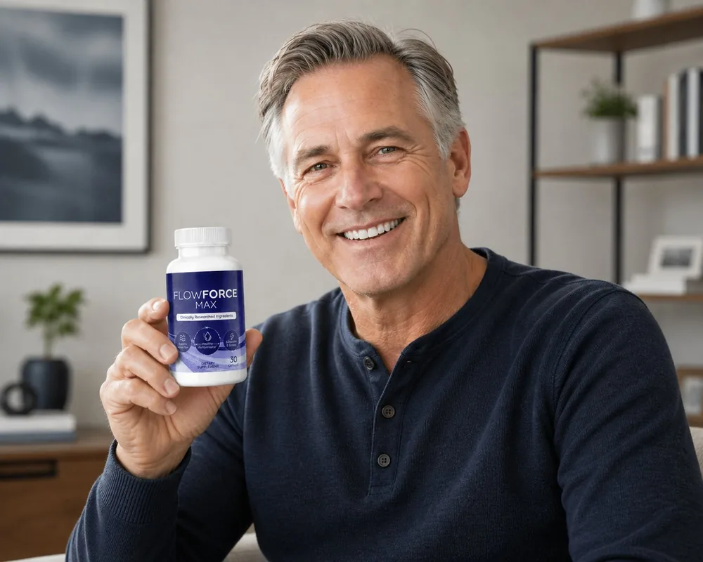 FlowForce Max bottle held by a man in his 50s in a home setting, illustrative product photo